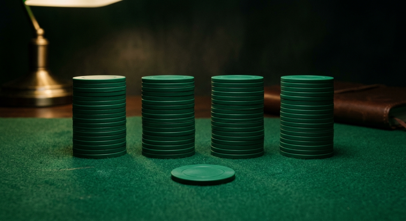 Tumpukan chip taruhan dan kartu di atas meja baccarat hijau